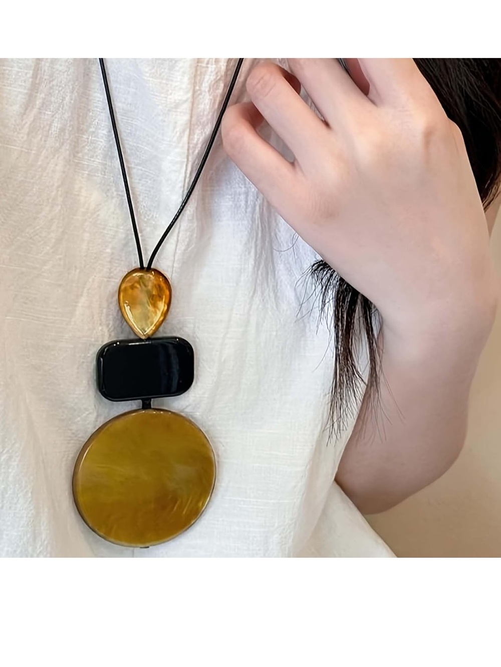Minimalist Black and Amber Geometric Pendant Necklace